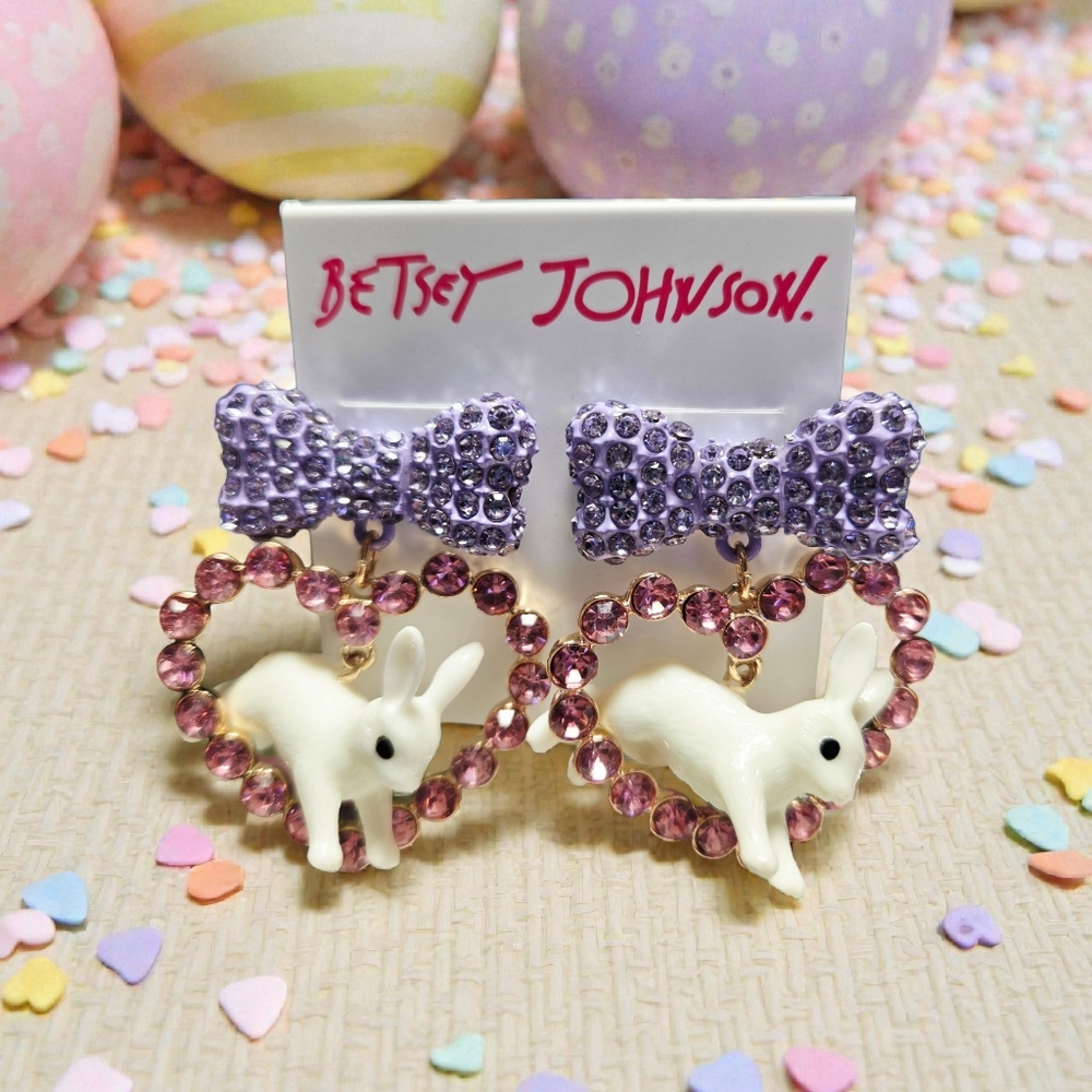 NEW Betsey Johnson Easter Bunny Bow Heart Earrings Pink Lavender Gold Tone NWT - Picture 3 of 7